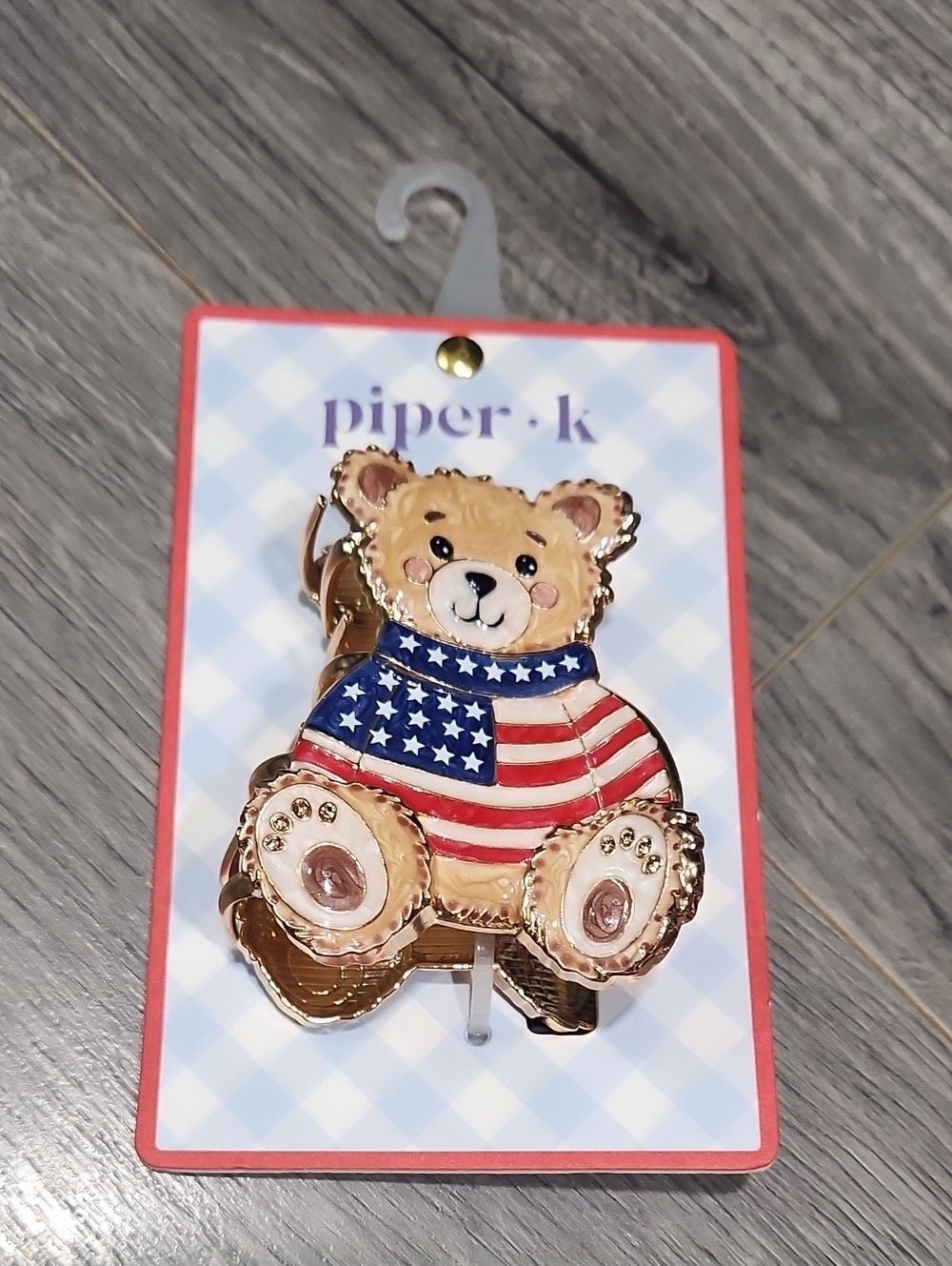 Piper Teddy Bear Hair Clip with American Flag Sweater - Pink/Tan